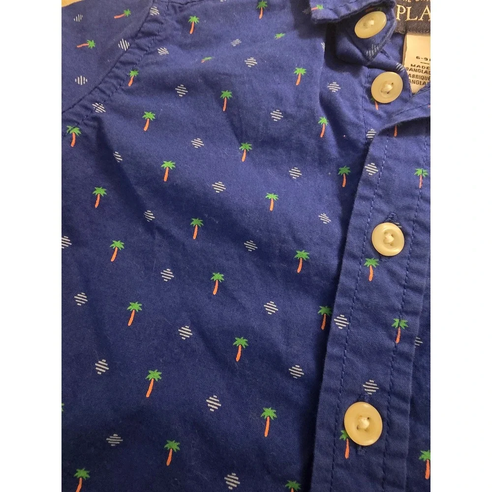 The Childrens Place Boys Blue‎ Palm Tree Tropical Button Down Shirt 6-9M